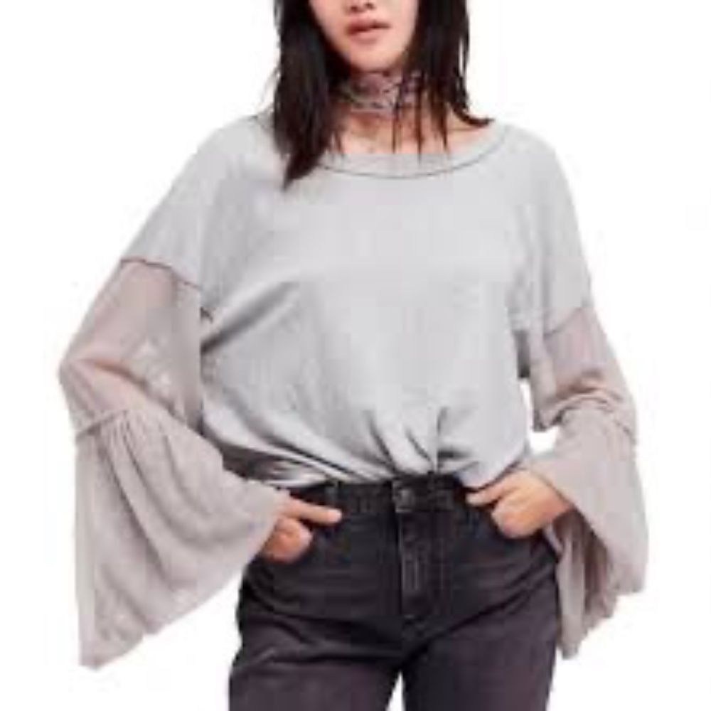 Free People Still Got It Women's Long Mesh Sleeve Grey Knit Top Sz‎ S
